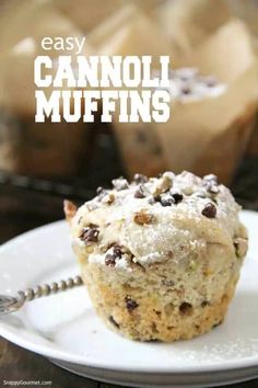 a muffin on a plate with the words easy cannoli muffins