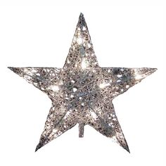 a silver glitter star ornament on a white background