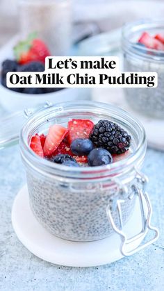 chia pudding in a glass jar with berries and strawberries