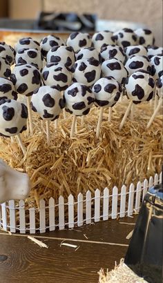 a table topped with cake pops covered in black and white soccer balls on top of straw