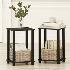 two black end tables with wicker baskets next to each other on wooden flooring