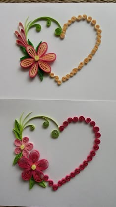 two pictures with flowers and beads in the shape of hearts