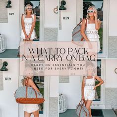 a woman in white dress holding a brown bag and wearing sunglasses with the words what to pack in a carry on bag