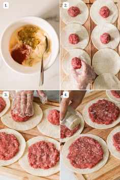 the process for making hamburger patties is shown in three pictures, including dough being rolled up and then put on tortillas