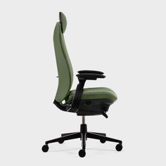 an office chair with green upholstered seat and black base, viewed from the front