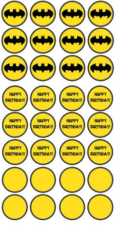 batman birthday cupcake toppers with the words happy birthday written in black and yellow