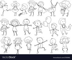 children playing and dancing in different poses on a white background, black and white drawing