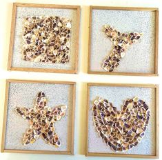 three framed pictures with seashells in the shape of a heart and starfish