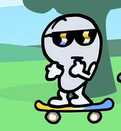 a cartoon character on a skateboard in front of a tree with yellow eyes and sunglasses