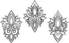 three flower designs in black and white, each with an intricate design on the side