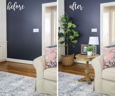 before and after photos of a living room with blue walls, white furniture and wood floors