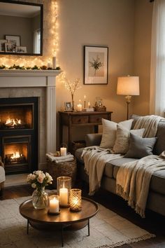 a living room filled with furniture and a fire place in front of a mirror on the wall