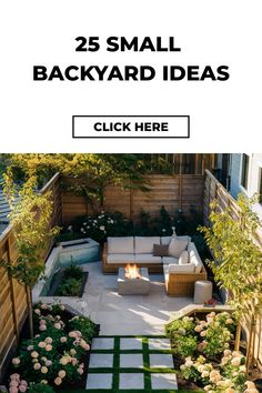 Small backyard with cozy seating area, fire pit, and lush landscaping. Text: "25 Small Backyard Ideas. Click Here." Small Backyard Aesthetic, Small Backyard Landscaping On A Budget Simple Outdoor Spaces, Townhouse Backyard Ideas Landscaping, Small Backyard Patio Designs Budget, Small Backyard Decor Ideas, Small Backyard Decorating Ideas, Small Backyard Decor, Small City Backyard, Backyard Decorating Ideas