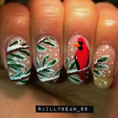 Cardinal Bird Nail Art, Winter Animal Nail Art, Cardinal Nail Art, Cardinal Nails, Bird Nails, Irish Nails, Bird Nail Art, Year Nails