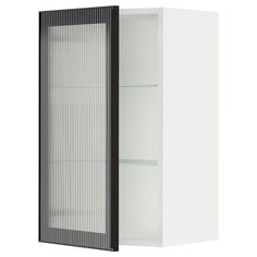 a white cabinet with glass doors on the front and bottom shelves in black, against a white background