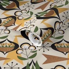 a wallpaper with an abstract design and leaves on it's surface, in gold, green, black and white colors