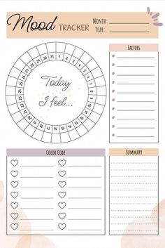 the printable mood tracker is shown in pink and white with hearts on it, along with