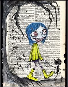 a drawing of a girl with blue hair and yellow boots is on an old book page