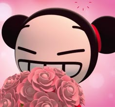 a cartoon character holding a bouquet of pink roses in front of a pink background with sparkles