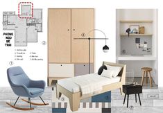 an image of a bedroom setting with furniture and floor plans for the room in it