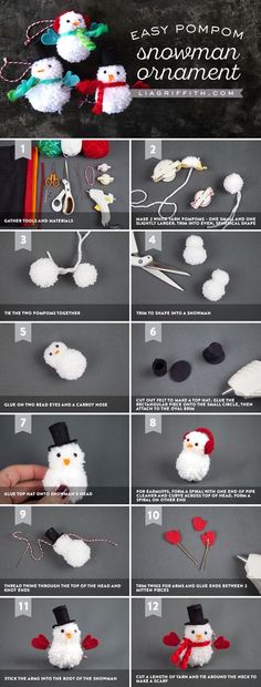 the instructions for how to make an adorable snowman ornament with pom poms