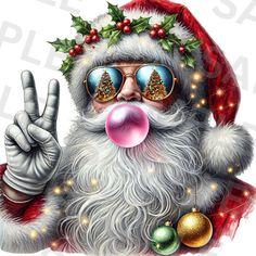 a santa clause is making the peace sign with his hand while wearing sunglasses and christmas decorations