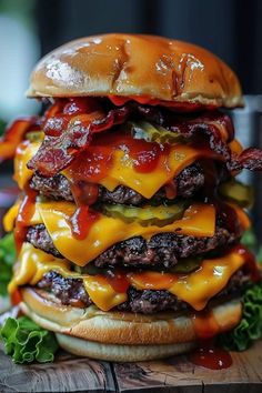 A towering, mouthwatering burger takes center stage in this image. The burger is a masterpiece of culinary artistry, with layers of perfectly cooked beef patties, melted cheese, crispy bacon, and tangy pickles. The bun, glistening with a golden hue, cradles the ingredients, while a drizzle of ketchup adds a touch of vibrant color. The burger rests on a rustic wooden board, surrounded by fresh lettuce, hinting at the garden-fresh ingredients used in its creation. Beef Patties, The Bun, Secret Recipe, Crispy Bacon, Fresh Ingredients, Melted Cheese, Wooden Board, A King, Kansas City Chiefs