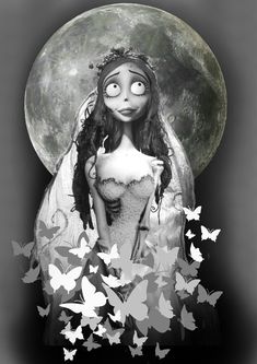 the corpse bride is surrounded by butterflies in front of a full moon and black and white background