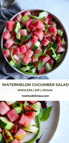 watermelon cucumber salad in a white bowl