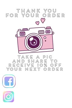 a pink camera with the words thank you for your order and an instagram button