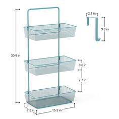 a three tiered basket rack with measurements for the top and bottom shelves on each side