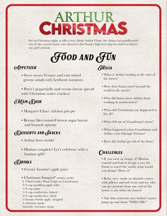 a christmas menu with the words food and fun on it