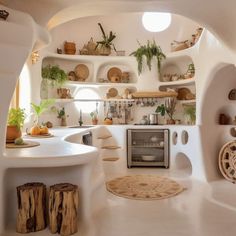 a kitchen with white walls and shelves filled with potted plants on top of them