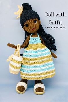 a crocheted doll holding a basket with the words doll with outfit written on it