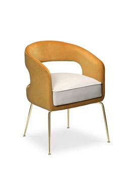 an upholstered chair with a white cushion and gold legs, viewed from the front