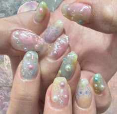 Jelly Kawaii Nails, Japanese Nail Designs Kawaii, Japanese Kawaii Nail Art, Decora Nails, Japanese Gel Nails, Lamp Nails, Japanese Nail Art Kawaii Charms, Bubble Nails, Hippie Nails