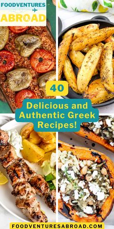 four pictures with different types of food and the words delicious and authentic greek recipes