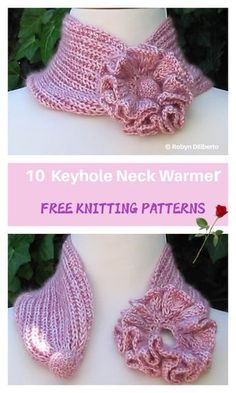 two knitted neck warmers with flowers on the top and bottom, one is pink