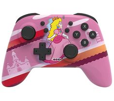 a pink game controller with a cartoon princess on it's side and black buttons