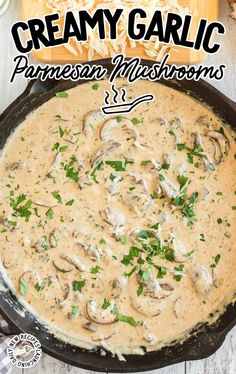 creamy garlic parmesan mushroom dip in a cast iron skillet with text overlay