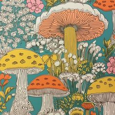 an image of colorful mushrooms and flowers on a blue wallpapered background with orange, pink, yellow, green, and white colors