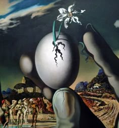 a painting with hands holding an egg in front of it and people standing on the other side