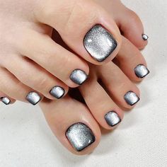 Press on Toenails Short,Square Fake Toe Nails Silver and Gray Acrylic Toenails Cat Eye False Toenails with Glitter Design Full Cover Glossy Glue on Toenails Summer Stick on Toenails for Women 24Pcs Black Acrylic Toe Nails, Toenails Summer, Acrylic Toenails, Easy Toe Nail Designs