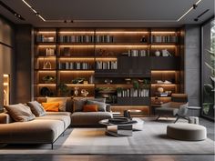 a living room filled with lots of furniture and bookshelves next to a window