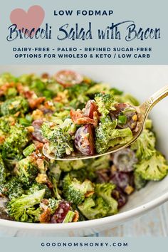 broccoli salad with bacon in a white bowl