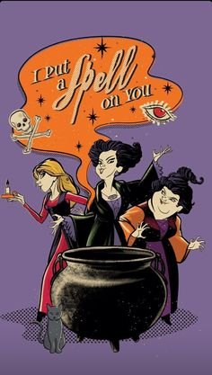 an image of some cartoon characters in front of a caulder with witches on it