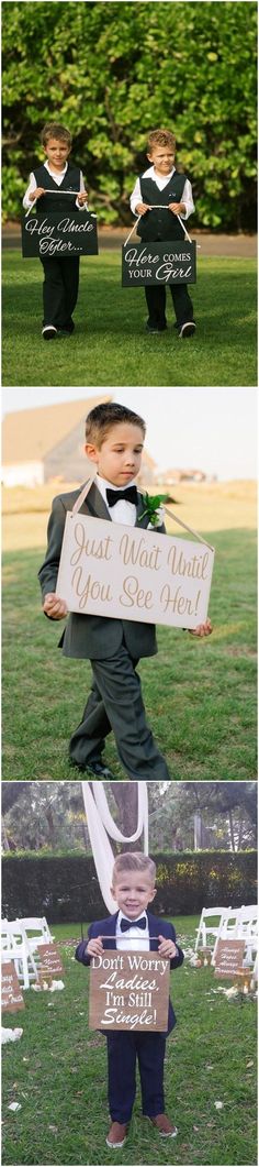 three different pictures with the same person holding a sign