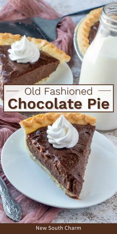 an old fashioned chocolate pie on a plate with whipped cream and a glass of milk