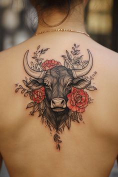 Bull head with horns and floral elements tattoo on a person's back. Bull Tattoo Ideas, Bee And Flower Tattoo, Cow Skull Tattoos, Bull Skull Tattoos, Bull Tattoo, Taurus Tattoo, Bold Personality, Buddha Tattoos, Intricate Artwork