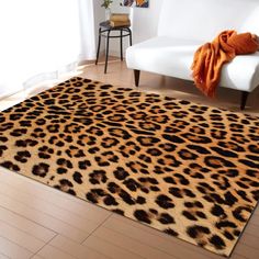 a leopard print rug in a living room